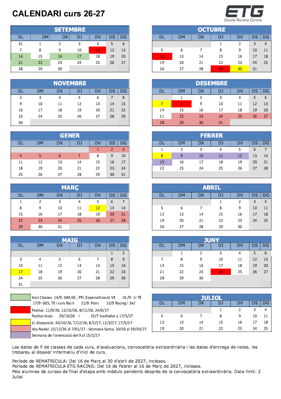 ETG: Calendari curs 2026 - 27